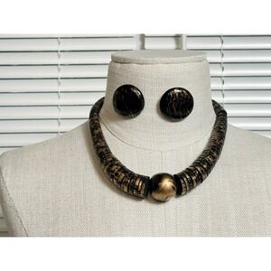 Black Gold Splatter Chunky Necklace Earrings Jewelry Set‎ Boho Tribal
